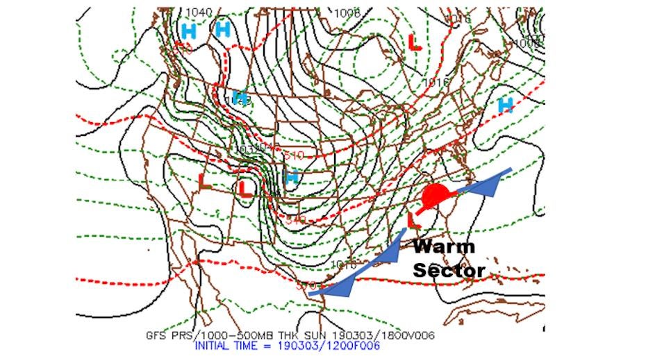 Surface 6-hr forecast from GFS model valid at noon CST 3.3.19