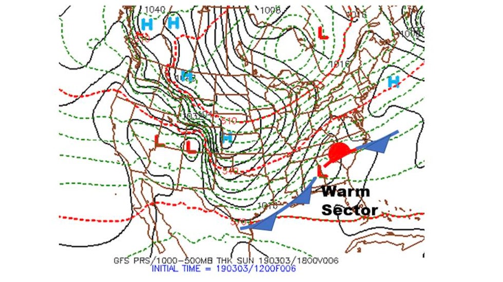 Surface 6-hr forecast from GFS model valid at noon CST 3.3.19