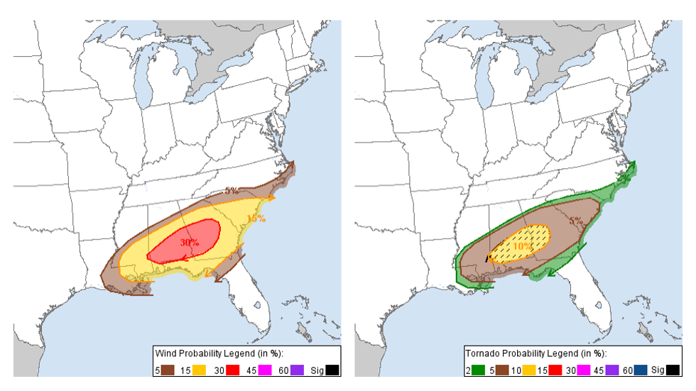 Wind and tornado probabilities from SPC convective outlook, 13Z 3.3.19