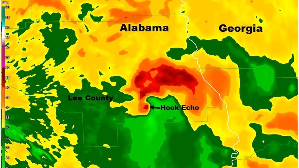 Radar reflectivity from supercell that spawned the Lee County tornado, 3.3.19