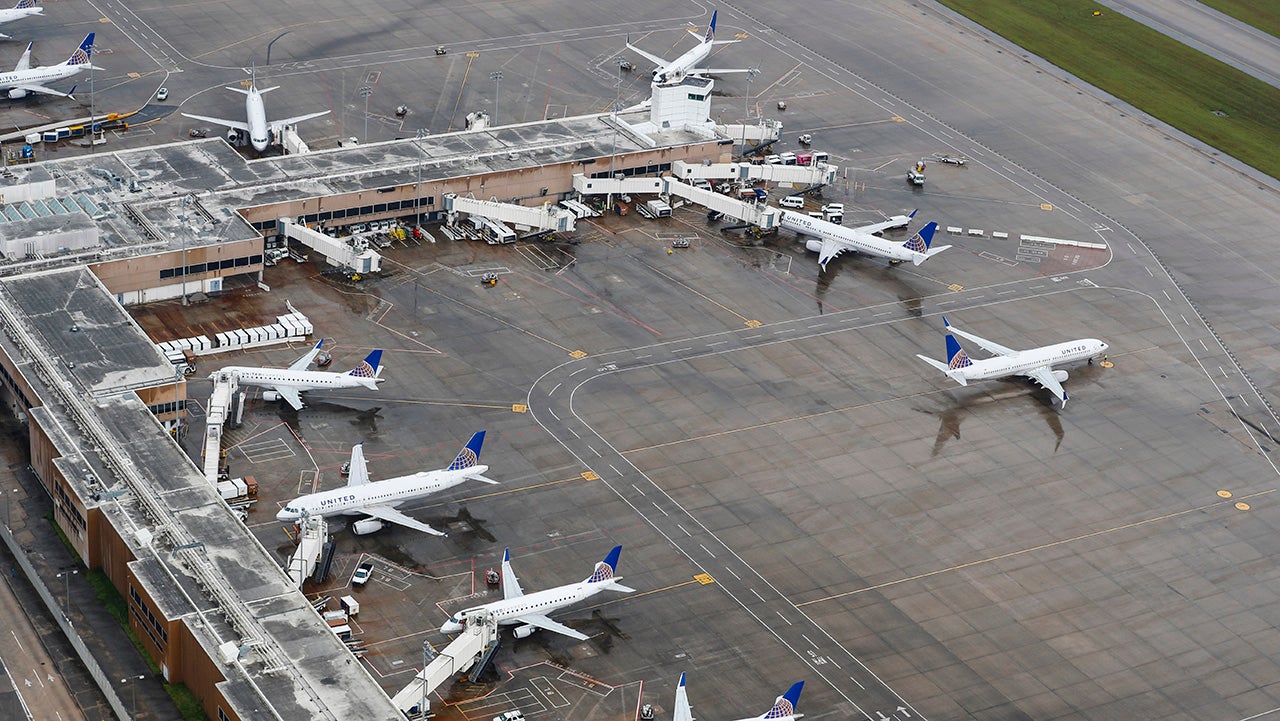 Aircraft sit idle at George Bush Intercontinental Airport, which has been closed by Hurricane&nbsp;Harvey, on Tuesday, Aug. 29, 2017, in Houston. ( Brett Coomer / Houston Chronicle ) (Photo by Brett Comer/Houston Chronicle via Getty Images)
