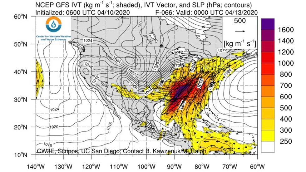 Forecast of integrated water vapor transport over Southeast at 7 pm 4/11/20