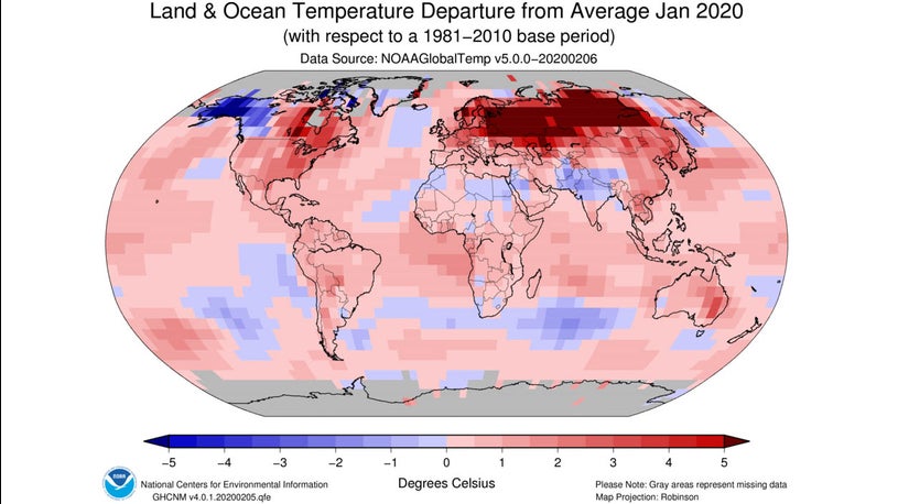 January 2020 Was Earth S Warmest January On Record Noaa Says The Weather Channel Articles From The Weather Channel Weather Com Temperature Map January 5 2022