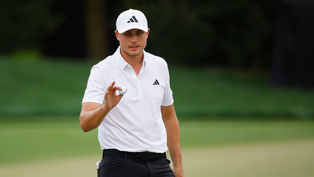 Ludvig Aberg of Sweden reacts on the 18th green during the first round of the Arnold Palmer Invitational presented by Mastercard 2026 at Arnold Palmer Bay Hill Golf Course on March 05, 2026 in Orlando, Florida. (Photo by Mike Ehrmann/Getty Images)