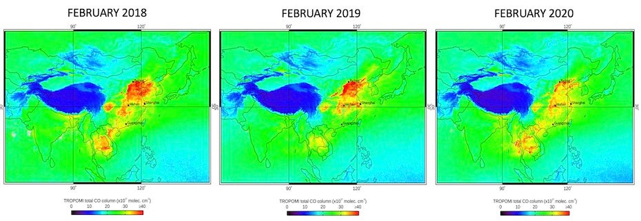 Carbon monoxide (CO) emissions over Asia averaged across February 2018, 2019, and 2020