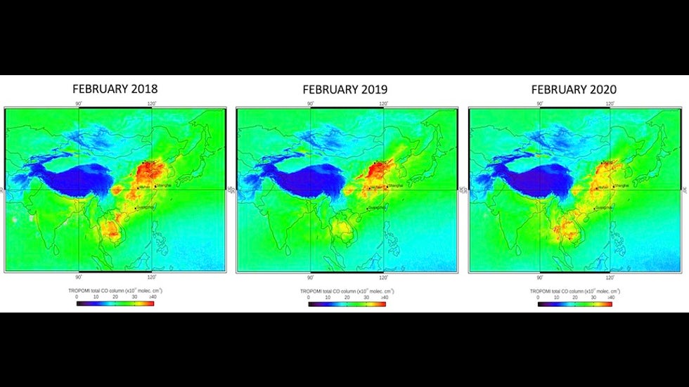 Carbon monoxide (CO) emissions over Asia averaged across February 2018, 2019, and 2020