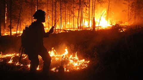 Firefighters set backfires to burn away fuels at the Mangum Fire site in the Kaibab National Forest north of the Grand Canyon in Arizona. (Kaibab National Forest)