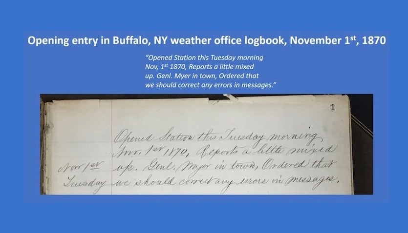 Opening entry into the first logbook at National Weather Service office in Buffalo, NY
