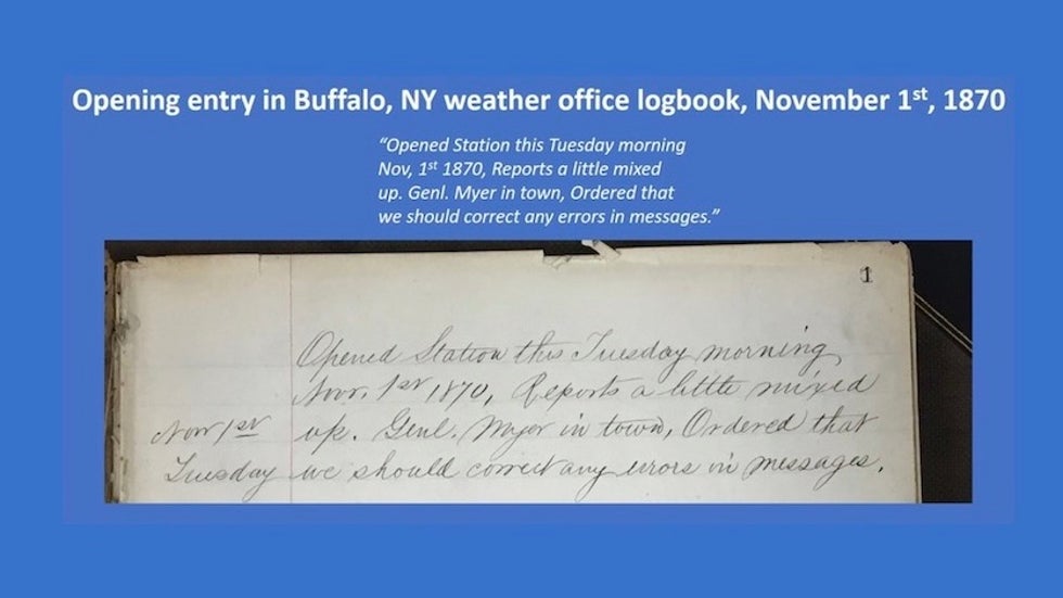 Opening entry into the first logbook at National Weather Service office in Buffalo, NY