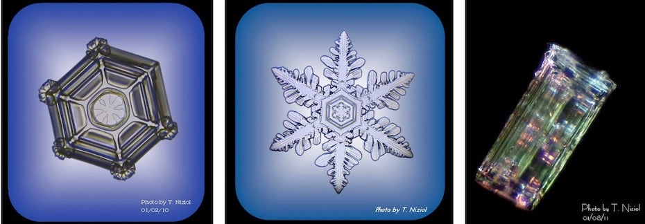 Examples showing the different planes on which snow crystal growth can take place