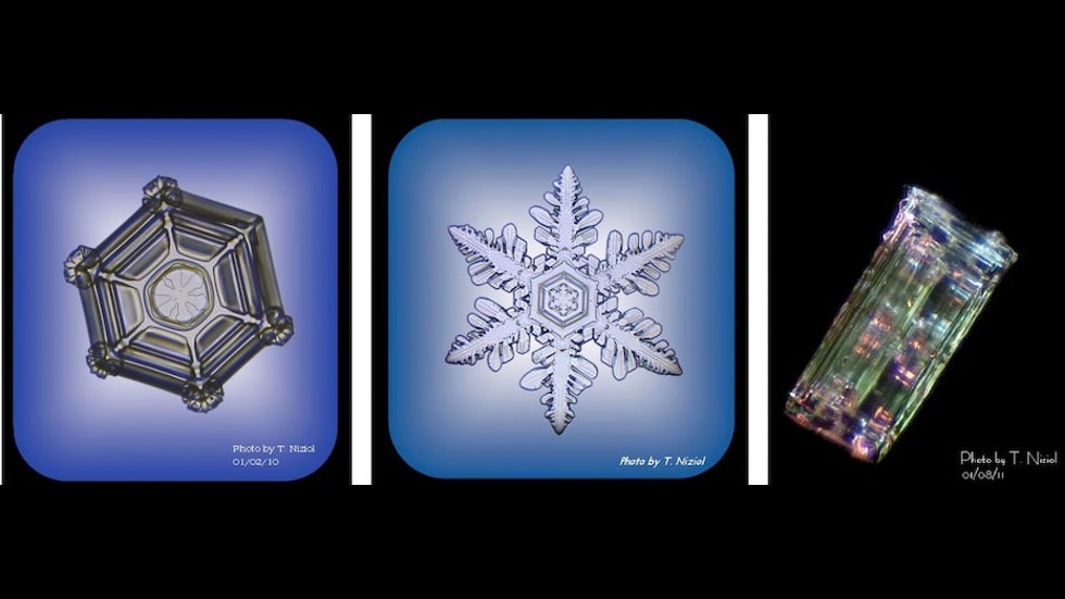 Examples showing the different planes on which snow crystal growth can take place