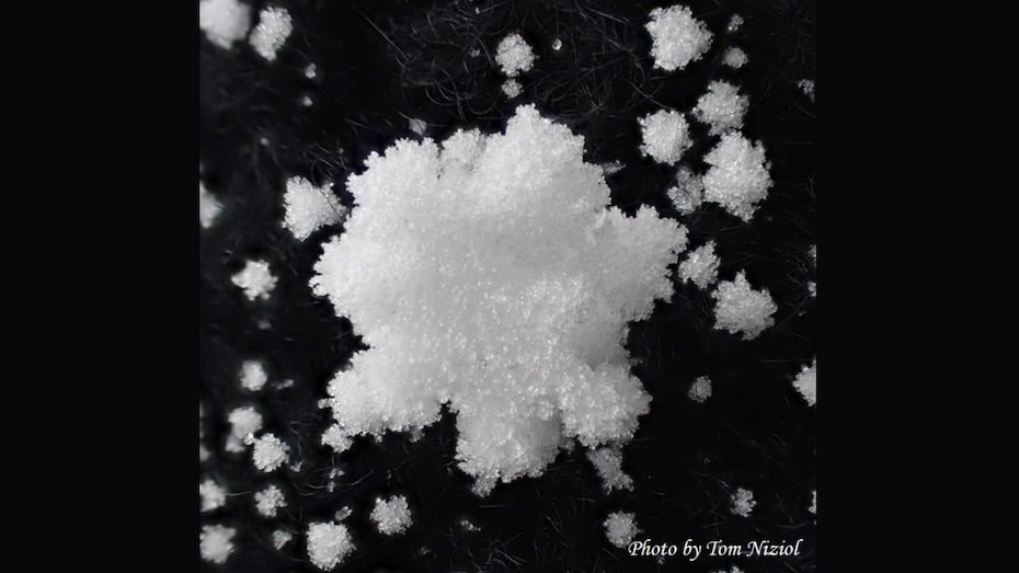 A heavily rimed hexagonal snow crystal,