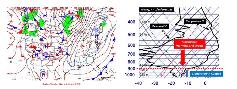 Surface map and sounding (left) near Lakes Erie and Ontario, 2/15/20
