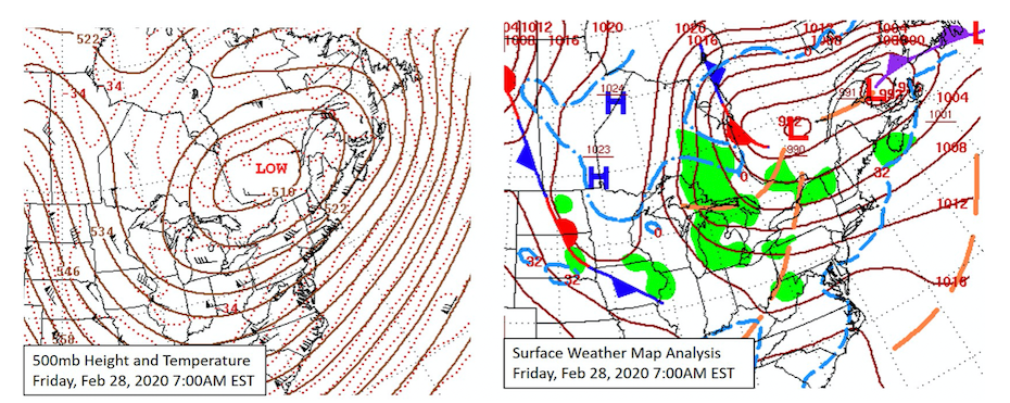 500-mb height and temperature (left) and surface weather map (right) for 7 am EST 2/28/20