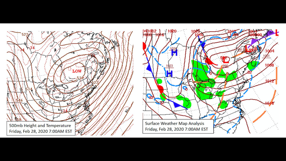 500-mb height and temperature (left) and surface weather map (right) for 7 am EST 2/28/20