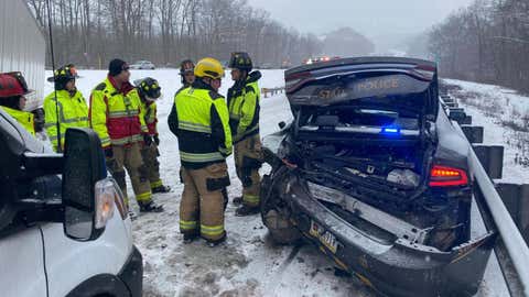 A Pennsylvania State Police vehicle was involved in a snowy pileup on Interstate 80 Sunday, Jan. 19, 2025.