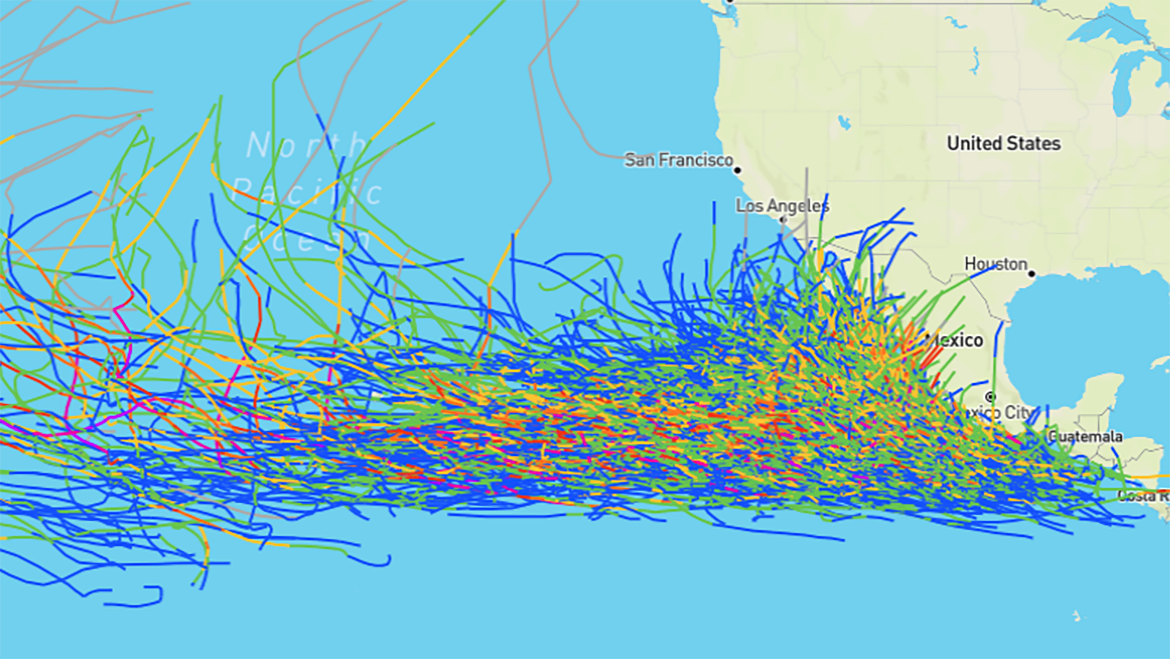 Pacific Storm and Hurricane Tracks Since 1949