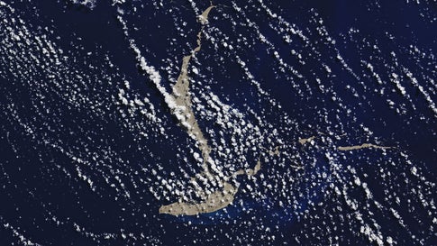 A vast pumice raft floats in the tropical Pacific Ocean near Late Island in Tonga, captured on August 13, 2019, by the Operational Land Imager on Landsat 8. (NASA Earth Observatory images by Joshua Stevens, using Landsat data from the U.S. Geological Survey)