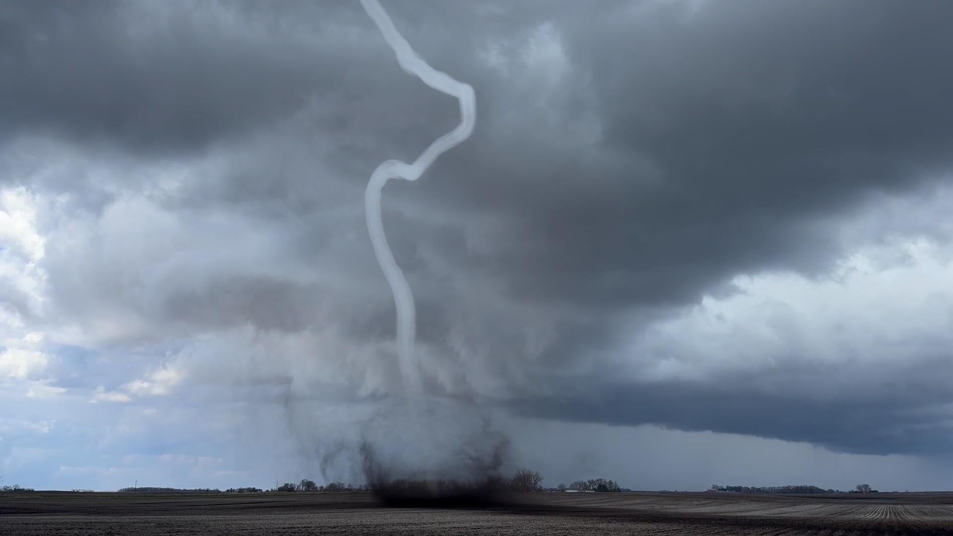 A round of thunderstorms produced this lanky tornado on April 16, 2024, in Rockwell City, Iowa. This image was taken from a video of the event. (Kannon Kalton via Live Storms Media)