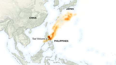 This map shows stratospheric sulfur dioxide concentrations on January 13, 2020, as detected by the Ozone Mapping Profiler Suite (OMPS) on the NOAA-NASA Suomi-NPP satellite. (NASA Earth Observatory image by Lauren Dauphin, using OMPS data from the Goddard Earth Sciences Data and Information Services Center)