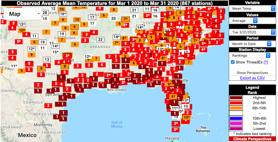 City rankings for warmth in March 2020