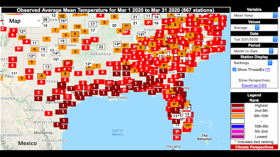 City rankings for warmth in March 2020