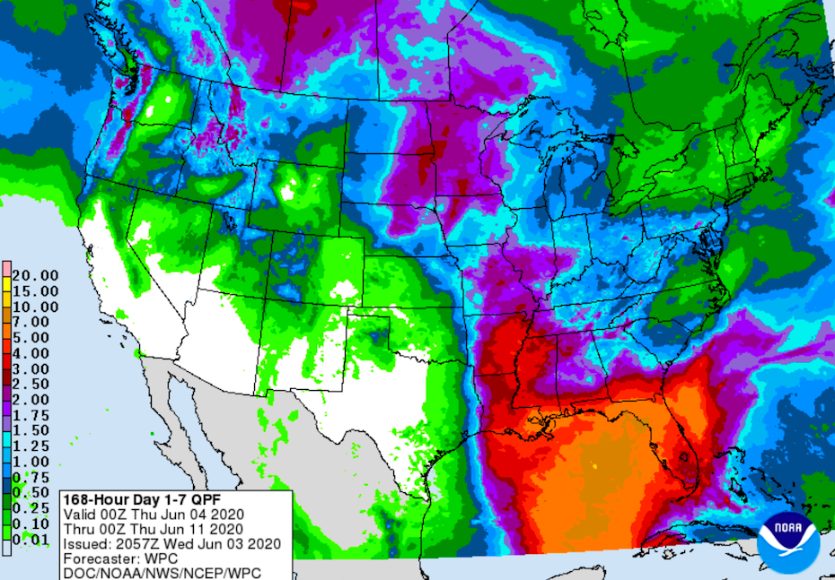 7-day precip forecast from GFS, 0Z 6/4/20