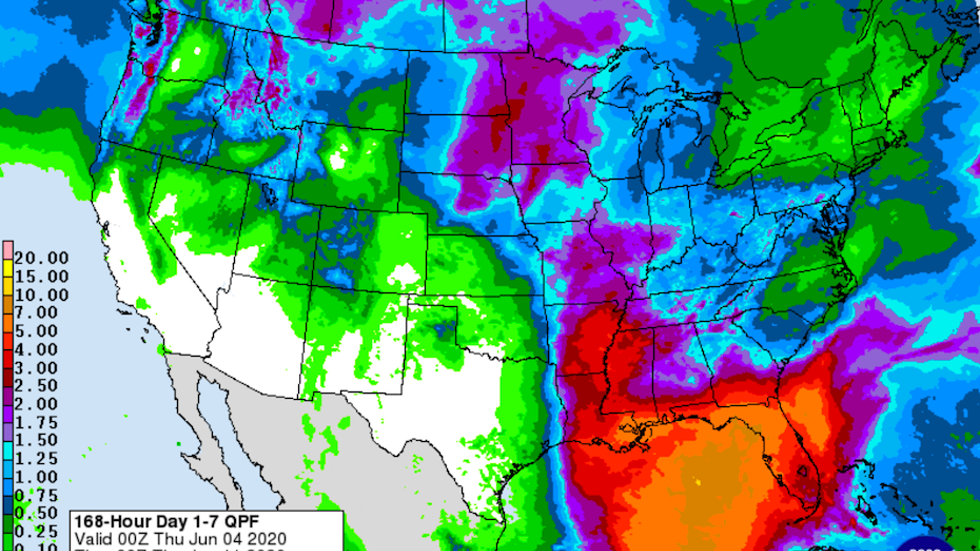 7-day precip forecast from GFS, 0Z 6/4/20