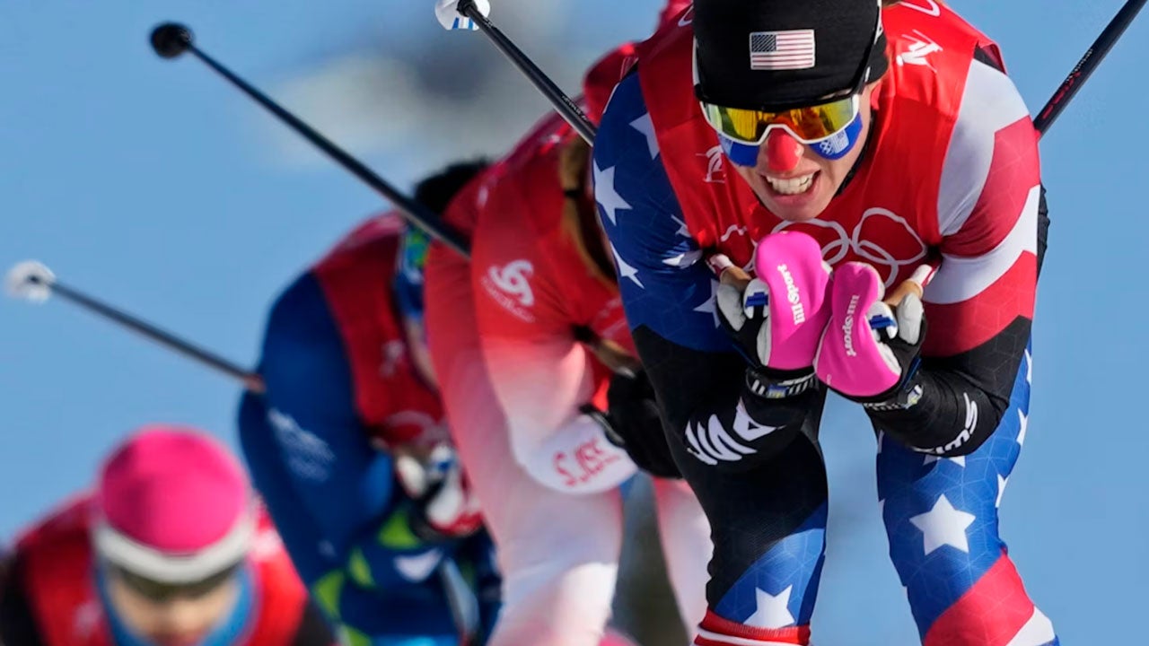 U.S. skier Rosie Brennan leads a group during the women&rsquo;s team sprint classic cross-country skiing competition at the 2022 Winter Olympics. (AP Photo/Aaron Favila)