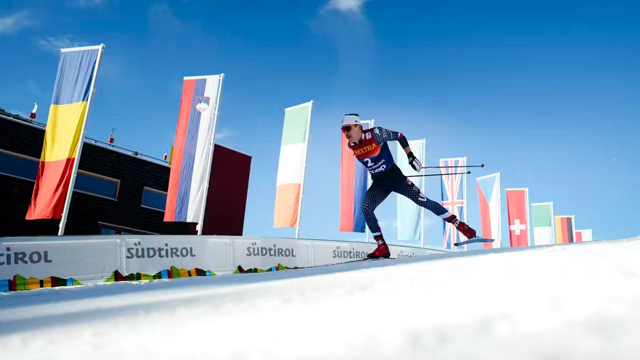 Machine-made snow increasingly makes the Winter Games possible. It&rsquo;s also slicker to race and harder to fall on. Here, Olympic skier Ben Ogden of the U.S. competes during the sprint of the FIS Cross-Country World Cup Tour de Ski in Toblach, Italy, on Dec. 28, 2024. (Federica Vanzetta/NordicFocus/Getty Images)