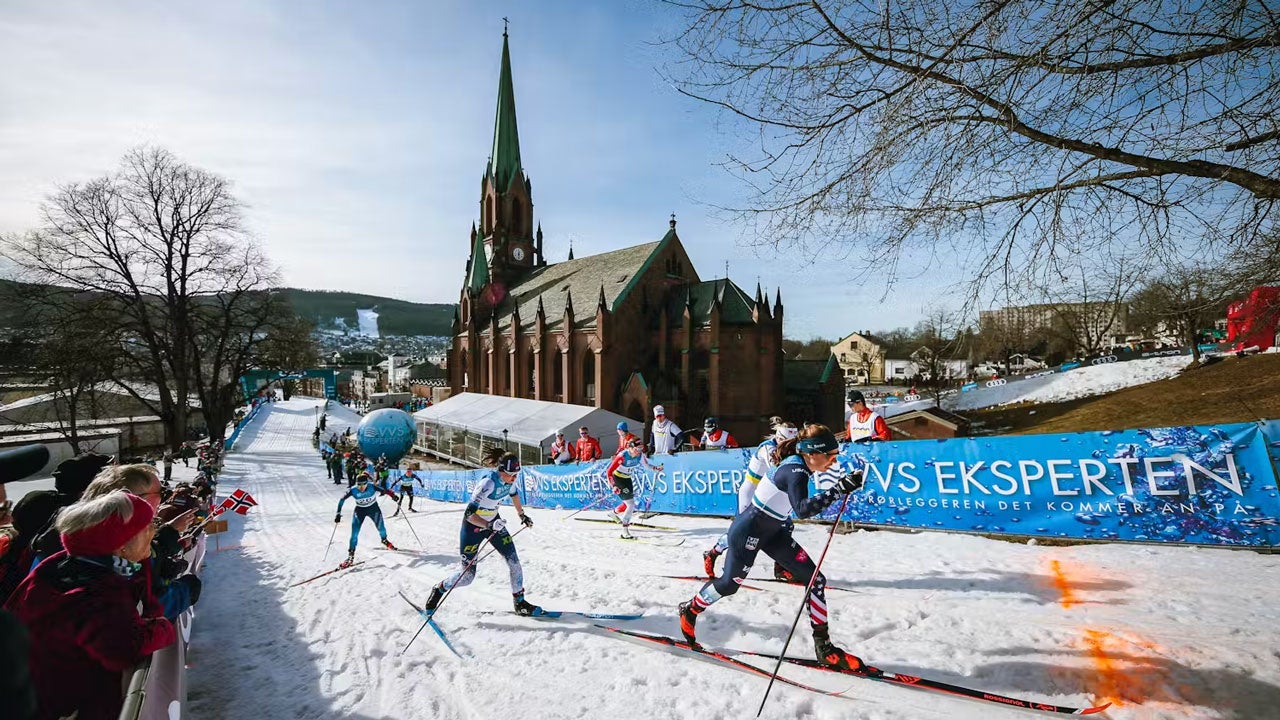The surrounding landscape was mostly snow-free when Rosie Brennan competed in the individual sprint at an FIS Cross-Country World Cup event in Drammen, Norway, on March 3, 2022. (Federico Modica/NordicFocus/Getty Images)