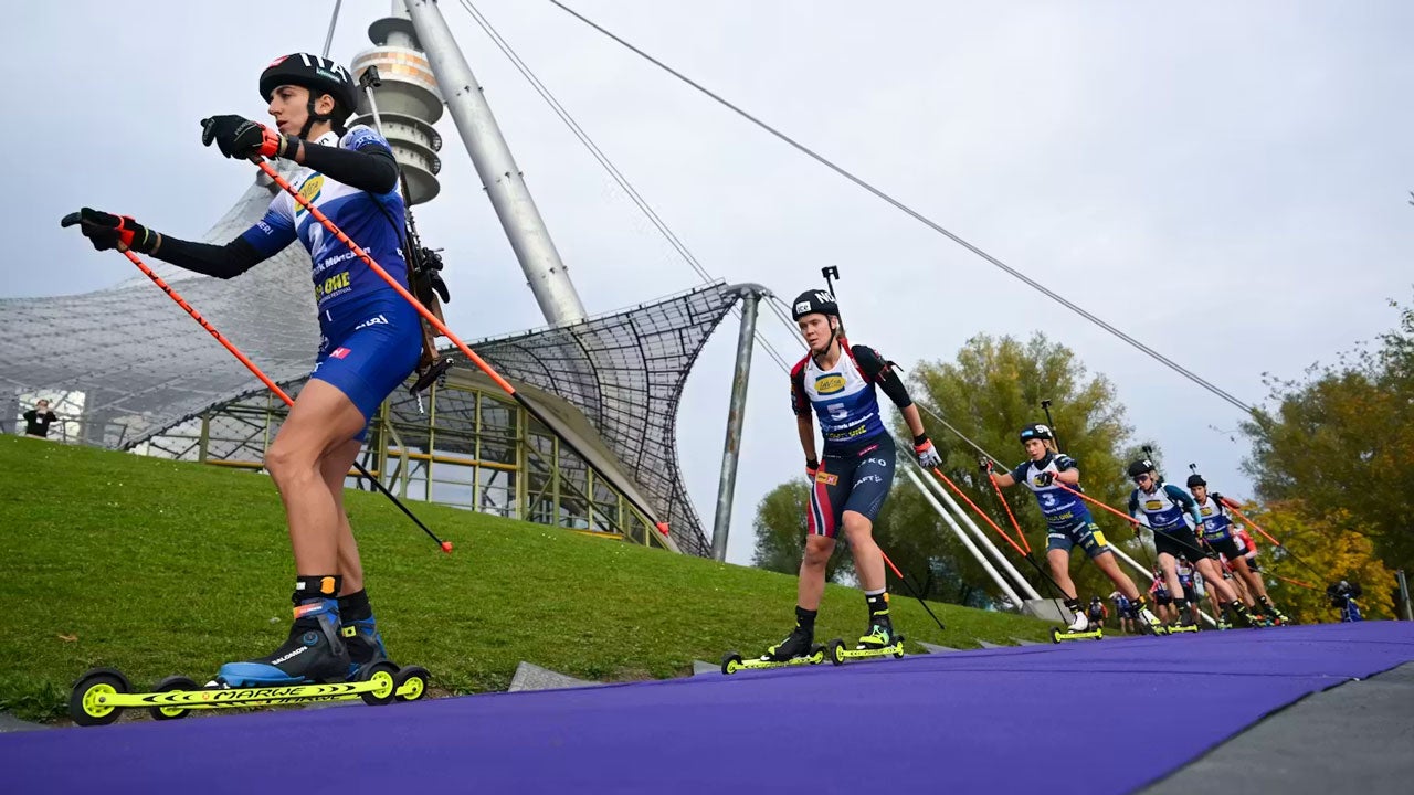 Biathlon athletes practice their sport on wheels at the Loop One Festival in Munich&rsquo;s Olympic Park on Oct. 19, 2025. (Sven Hoppe/picture alliance via Getty Images)