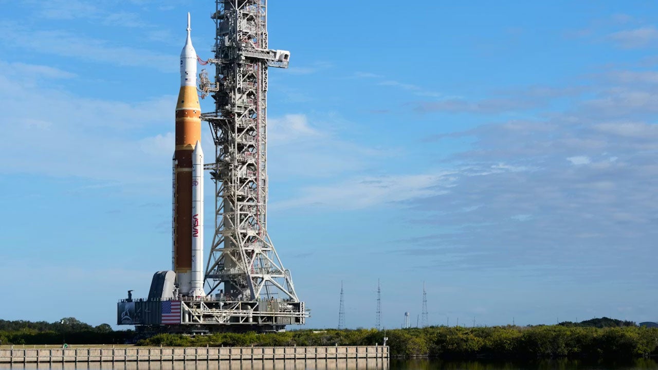 NASA&rsquo;s Space Launch System rocket will launch a crewed capsule into orbit and then on a mission around the moon. (AP Photo/John Raoux)