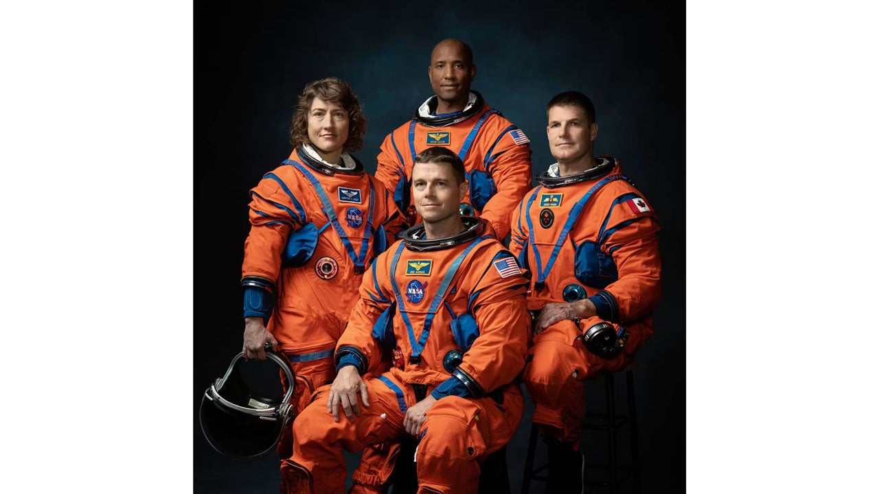 The crew members of the Artemis II mission are, counterclockwise from left, NASA astronauts Christina Hammock Koch, Reid Wiseman and Victor Glover and Canadian Space Agency astronaut Jeremy Hansen. (NASA)