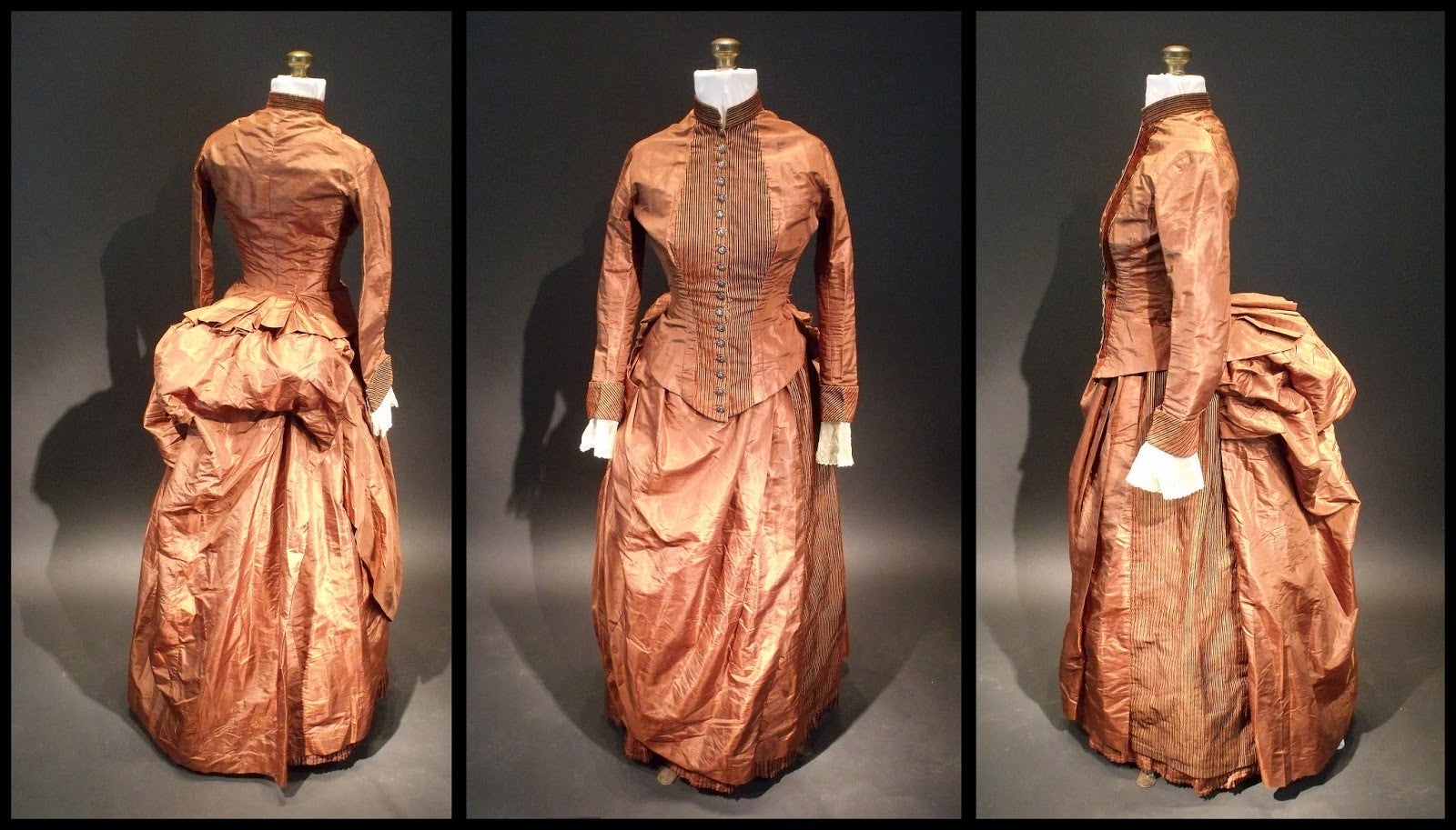 Three different views of the antique dress that held two sheets of coded weather reports in its pocket. (Sara Rivers Cofield)