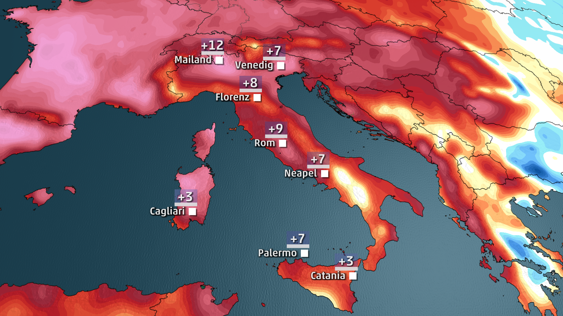Die Abweichungen zur Normaltemperatur sind in Italien wegen der Hitzewelle sehr hoch.