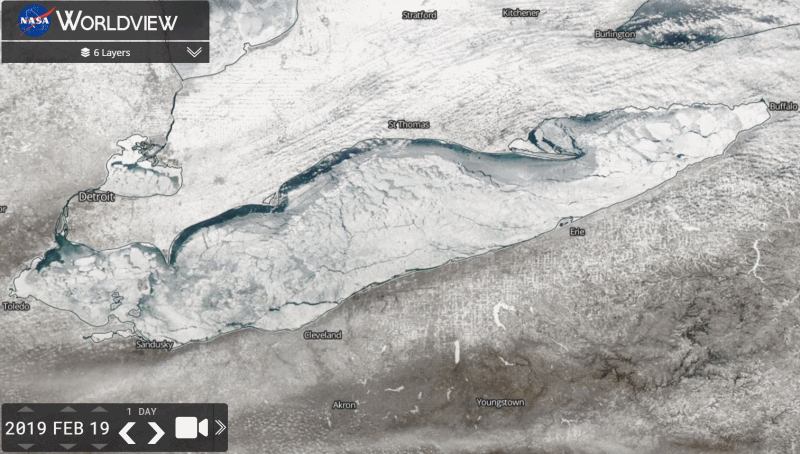 Animation of ice cover on Lake Erie on 2/19/19 and 2/28/19, befor and after major ice shove