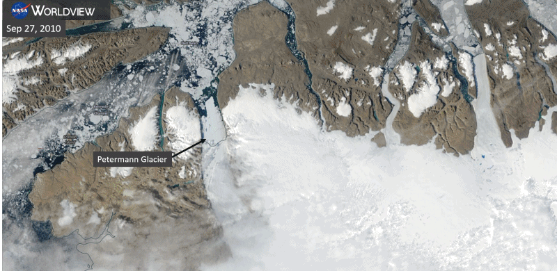 Animation of MODIS satellite images of Petermann Glacier breakaway, 2010