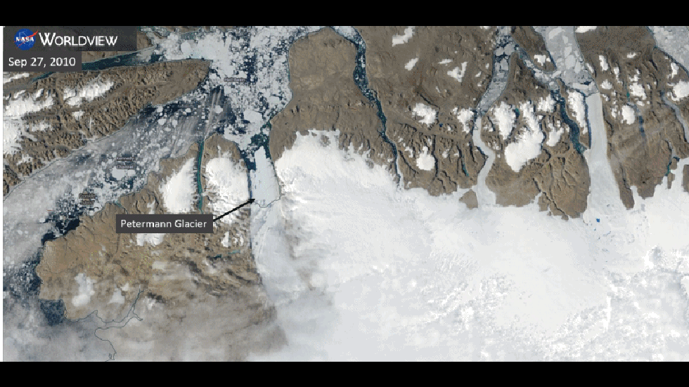 Animation of MODIS satellite images of Petermann Glacier breakaway, 2010