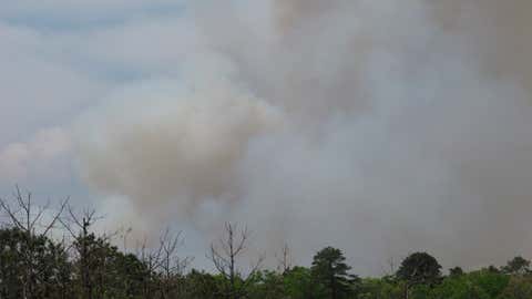 Smoke rises from a forest fire in Little Egg Harbor, N.J., on Monday, May 17, 2021. Firefighters were making progress against the blaze that had burned hundreds of acres of the New Jersey Pinelands. (AP Photo/Wayne Parry)