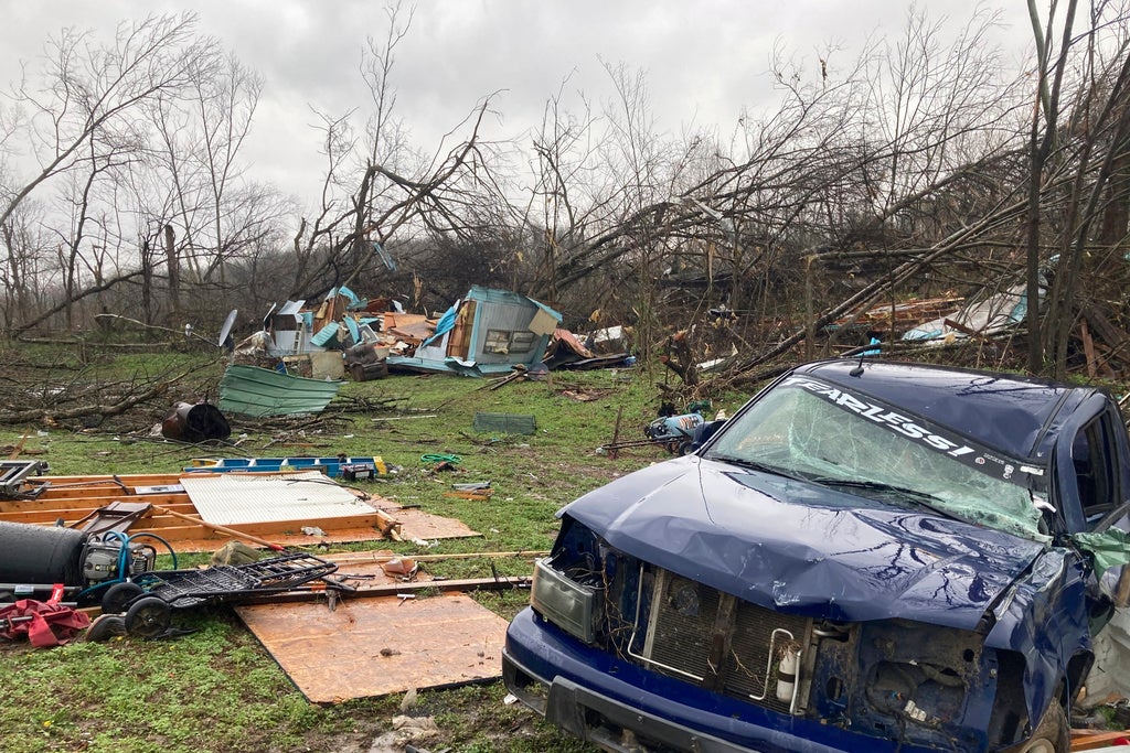 Devastation from a tornado that hit Glenallen in southeastern Missouri, killing several people and causing an unknown number of injuries, is pictured on Wednesday, April 5, 2023. (AP Photo/Jim Salter)