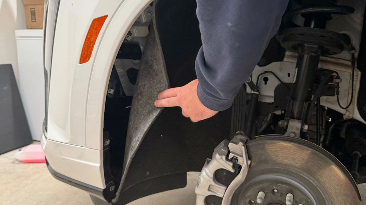 In this image provided by Nicki Collen, the Baylor coach's son shows where a kitten was found behind a panel inside the wheel well of her car Saturday, Nov. 8, 2025, in Waco, Texas. (Nicki Collen via AP)