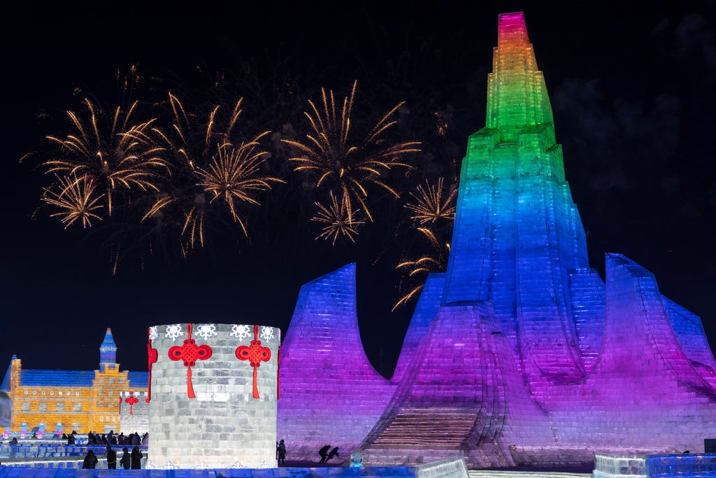 Fireworks are set off during the opening ceremony for the annual Ice and Snow Festival in Harbin, northeastern China's Heilongjiang province on Monday, Jan. 5, 2026. (AP Photo/Ng Han Guan)