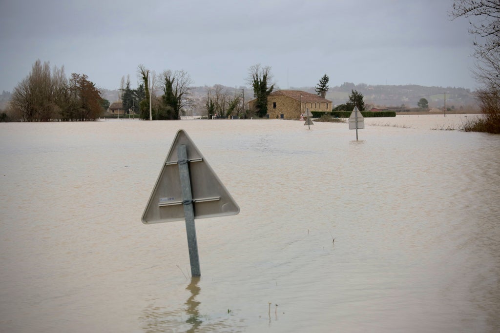 Road signs are seen in a flooded field in Loubes, western France amid storm Nils, Monday, Feb. 16, 2026. (AP Photo/Yohan Bonnet)