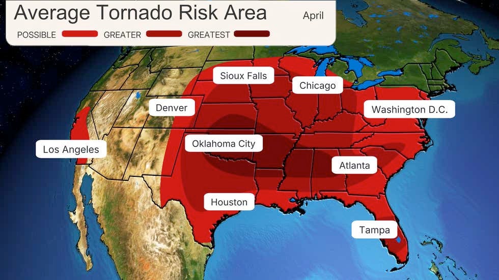 The average tornado risk in the month of April.