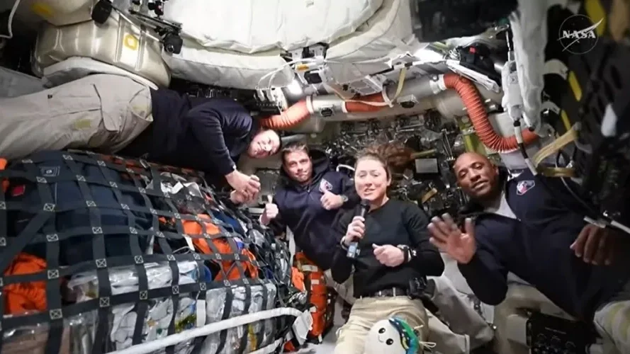 Artemis II crew members Jeremy Hansen, Reid Wiseman, Christina Koch, and Victor Glover answer questions from reporters during the first downlink event of their mission.