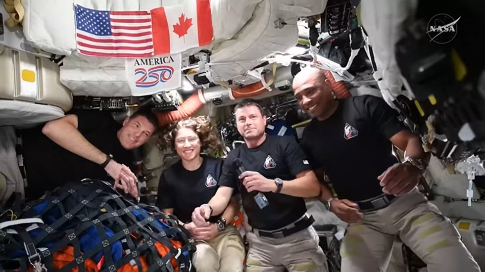 The Artemis II crew &ndash; Canadian Space Agency astronaut Jeremy Hansen, far left, and NASA astronauts Christina Koch, center left, Reid Wiseman, center right, and Victor Glover, right &ndash; participated in a live conversation with President Donald J. Trump after their historic lunar flyby during Flight Day 6. (NASA)