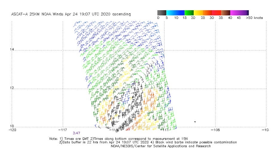 ASCAT scatterometer imagery of 90E from 1907Z 4/24/20