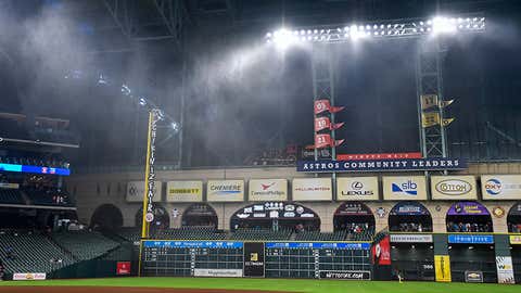 Rain and wind sweep through before the game between the Houston Astros and Oakland Athletics at Minute Maid Park on May 16, 2024 in Houston, Texas.