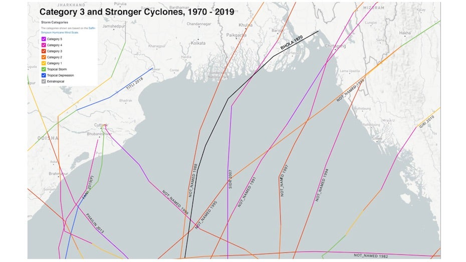 Tracks of all tropical cyclones of category 3 or stronger on the Saffir-Simpson scale to affect the northern Bay of Bengal since 1970